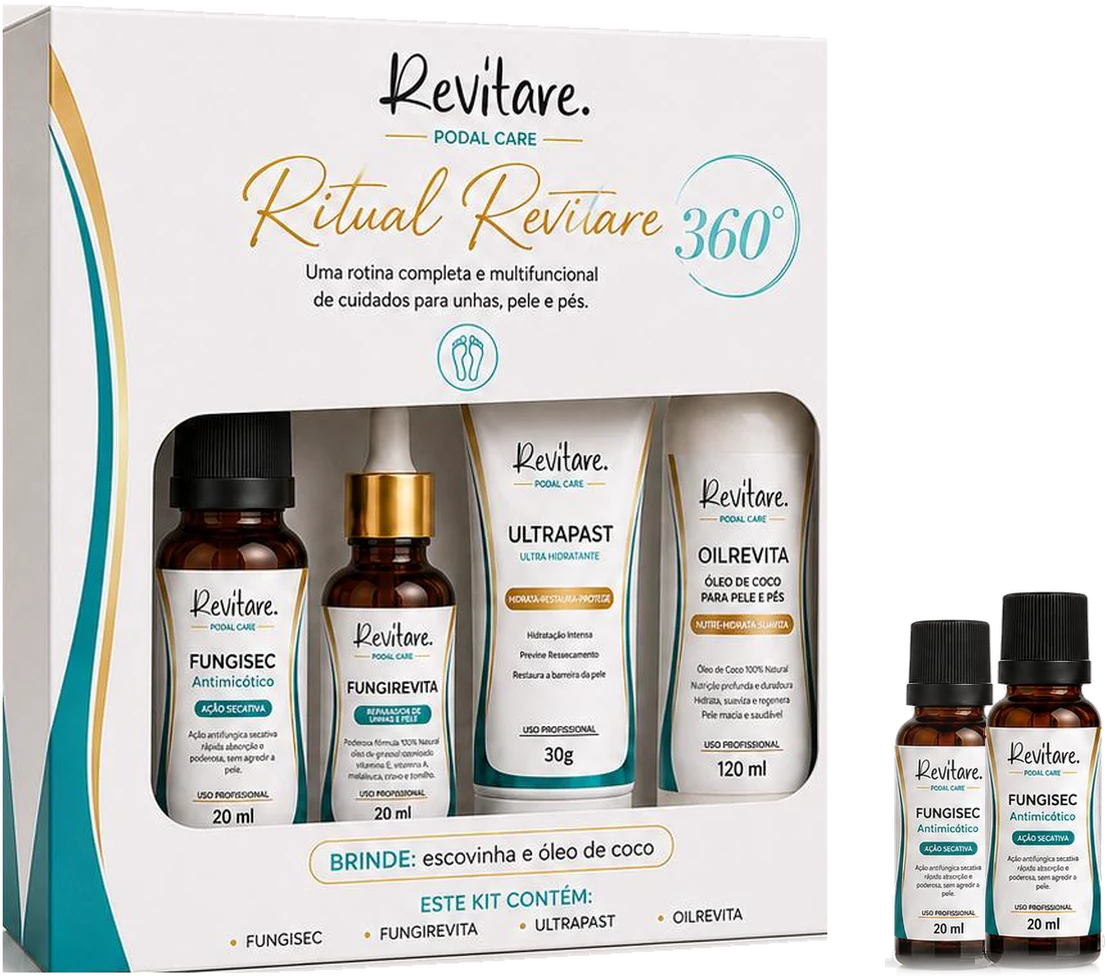 Caixa do Ritual Revitare 360 graus ao lado dos dois frascos de Fungisec que compoem a versao Intensive